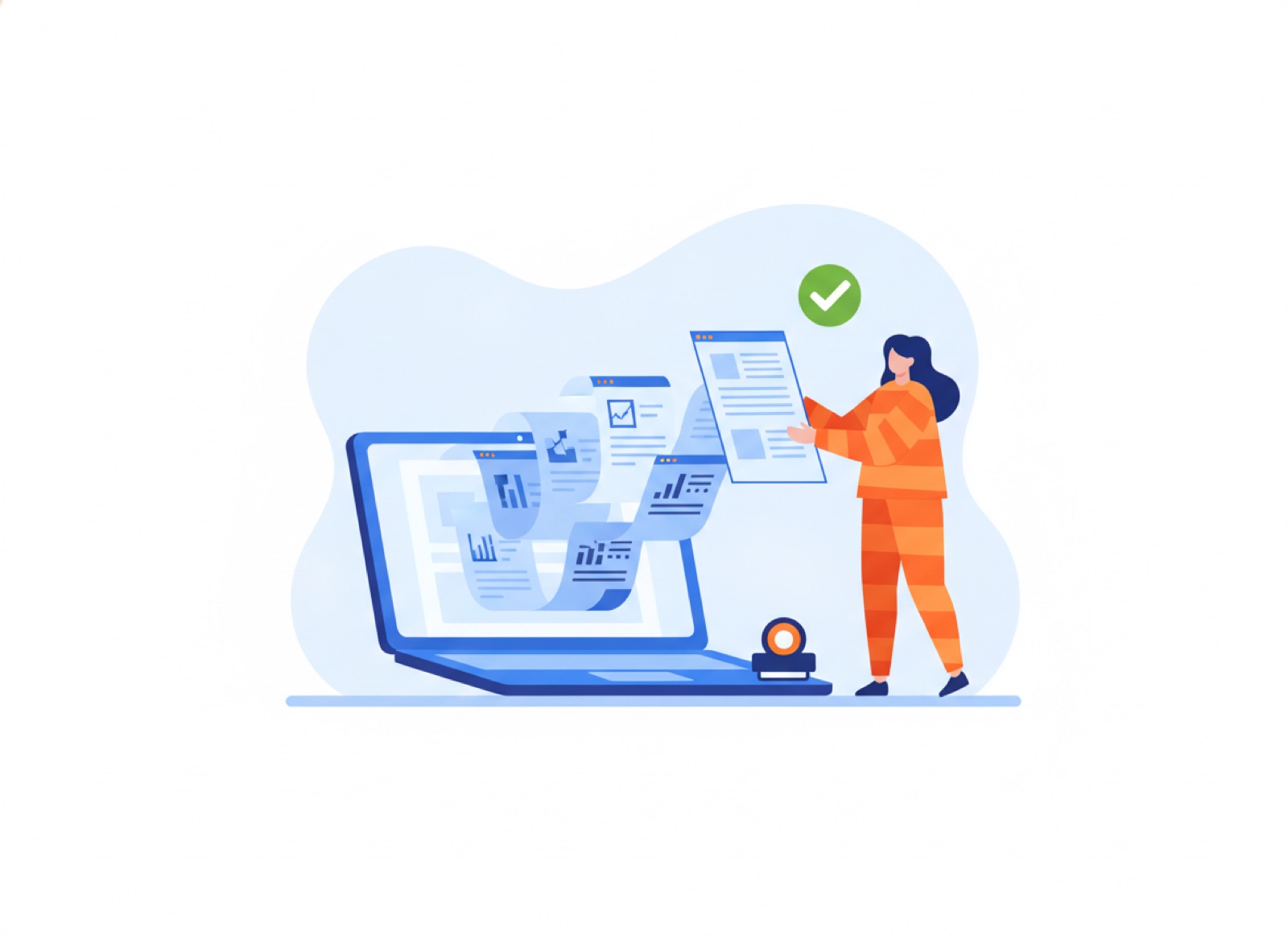 Documents generated from a laptop and approved with a check mark