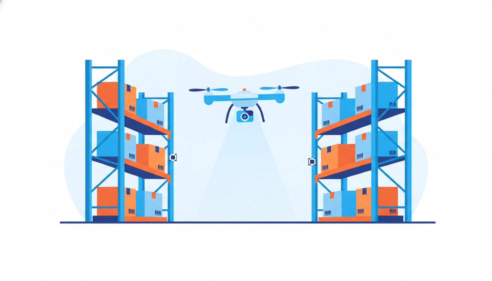 Autonomous drone flying along a warehouse aisle scanning a rack marker